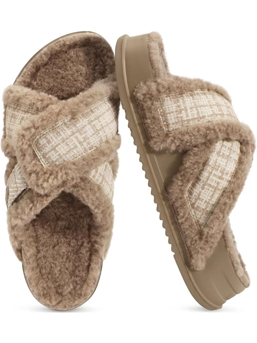 Women's Light Brown Fuzzy Cross Band Platform Slipper Comfortable Indoor Outdoor